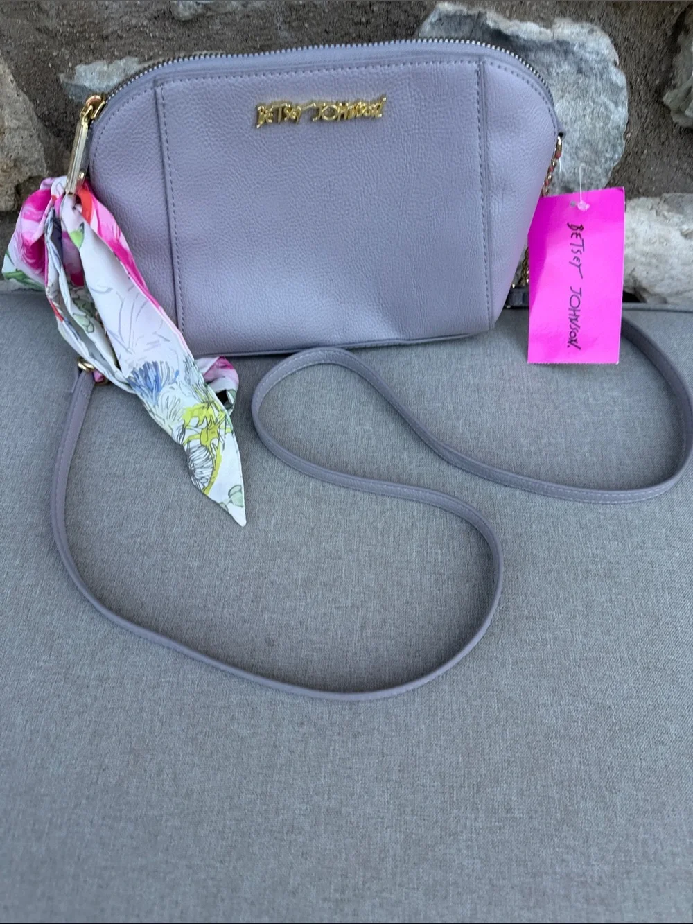 Betsey Johnson Gray Crossbody with Floral Scarf NEW